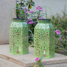 Outdoor Peacock Solar Lanterns Waterproof Big Metal Hanging Lights (2 Pack, Green)