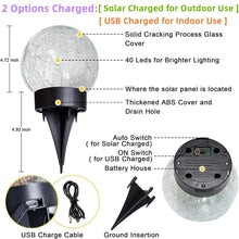 Solar Globe Lights Outdoor Large Garden Decor USB Charged 4.72" Diameter 40LED 1000mAh Waterproof Solar Lights Cracked Glass Globe Solar Power String Lights Yard Patio Garden (2 Pack 4.72'')