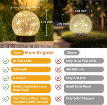 Solar Globe Lights Outdoor Large Garden Decor USB Charged 4.72" Diameter 40LED 1000mAh Waterproof Solar Lights Cracked Glass Globe Solar Power String Lights Yard Patio Garden (2 Pack 4.72'')