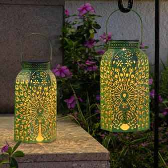 Outdoor Peacock Solar Lanterns Waterproof Big Metal Hanging Lights (2 Pack, Green)