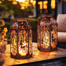 Solar Lanterns, Outdoor Garden Hanging Metal Bronze Moon Fairy Lanterns, Set of 2,9.3 Inch Waterproof Flickering Flameless Candle Mission Lights for Patio,Table,Balcony,Christmas Gifts