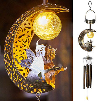 Moon And Angel Solar Lights With Wind Chimes,Balcony Terrace Hanging Lights
