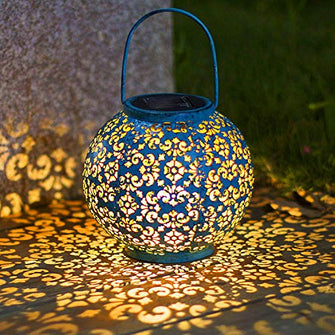 Exquisite Blue Lantern Shape Solar Lamp Outdoor Metal Garden Yard Hanging Lights